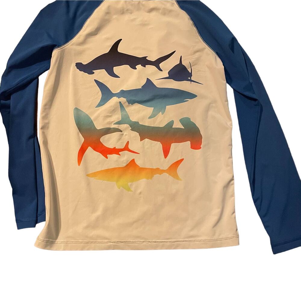 OLD NAVY KIDS LONG SLEEVE SWIMSHIRT BLUE SLEEVES WITH COLORFUL SHARKS SWIMMING